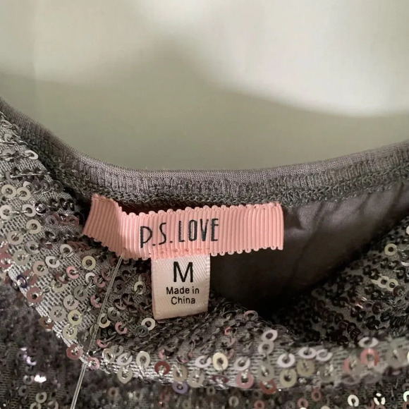 PS Love Tank Top Women's Medium Grey Silver Sequin TeaElla Draped Neckline - Picture 4 of 8